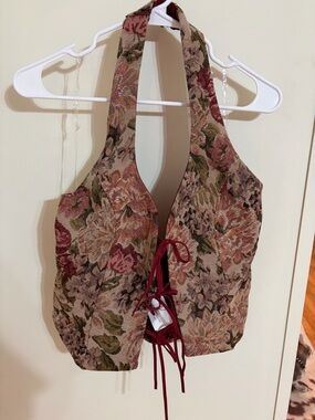 Windsor Floral Tapestry Halter Crop Top in Rose and Olive